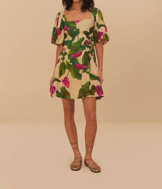 Farm Rio - Anthurium Leaves Short Sleeve Square Neck Dress