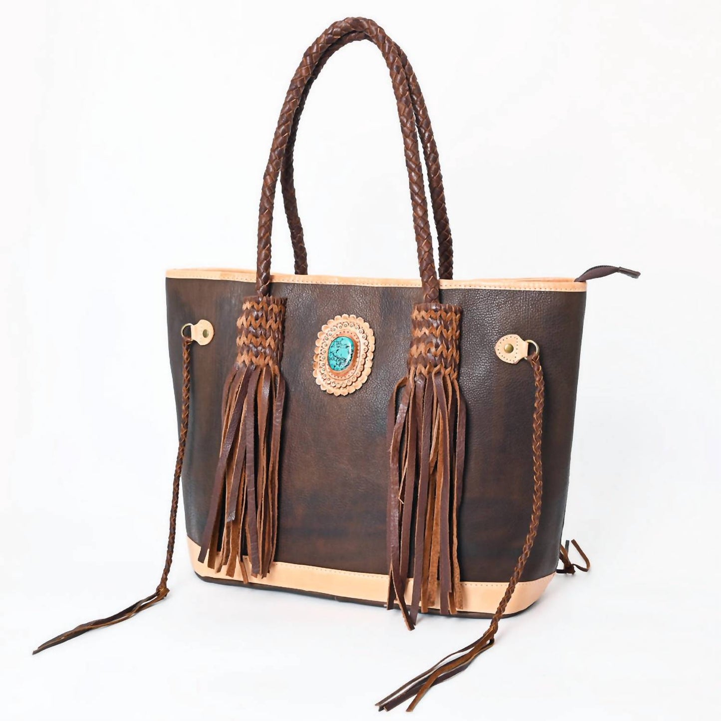 American Darling - Women's Braided Leather Turquoise Fringe Shoulder Tote Bag