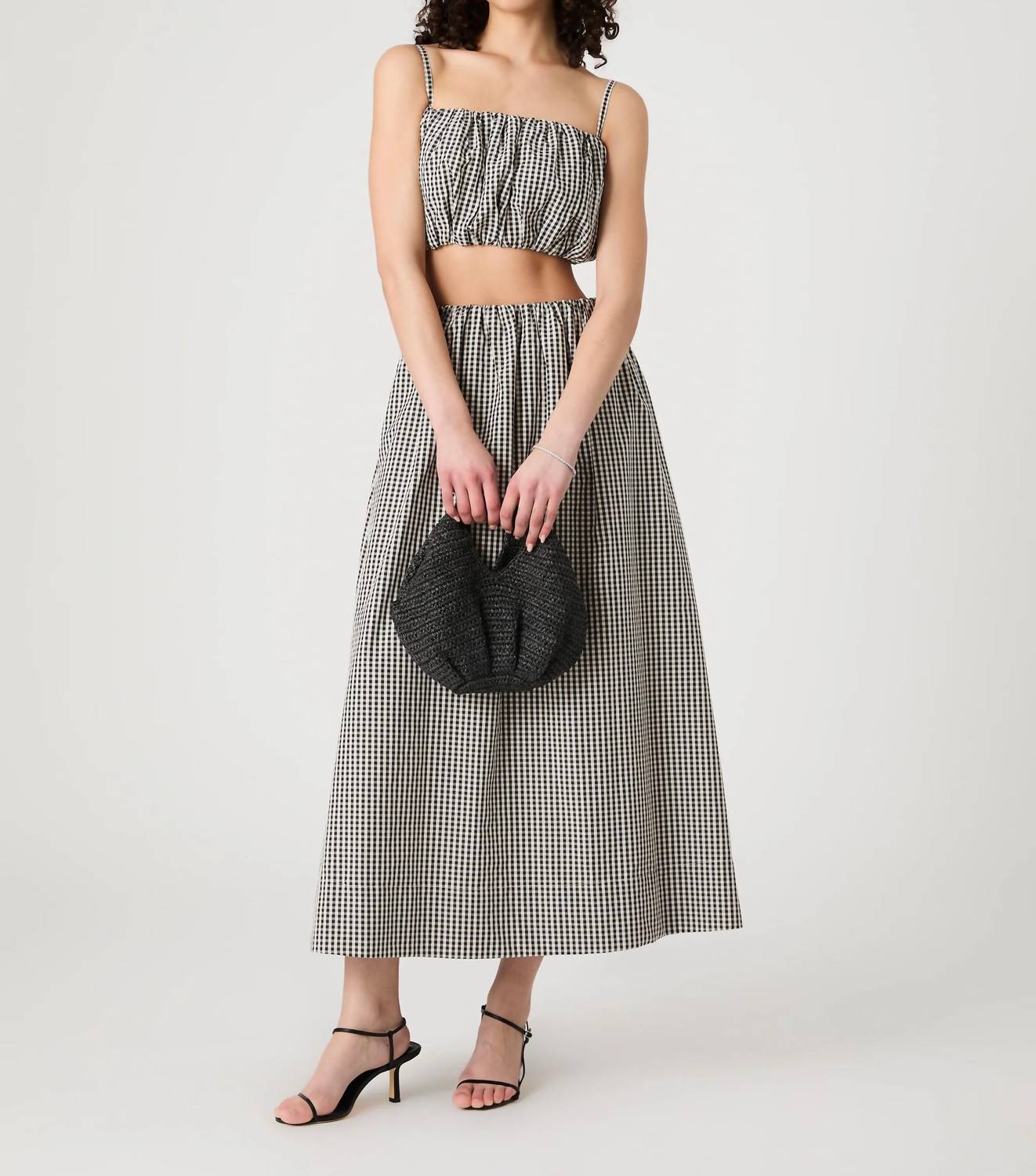 French Connection - Gingham Ruched Waist Midi Skirt