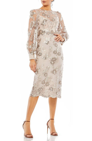 Mac Duggal - Embellished High Neck Illusion Long Sleeve Midi Dress