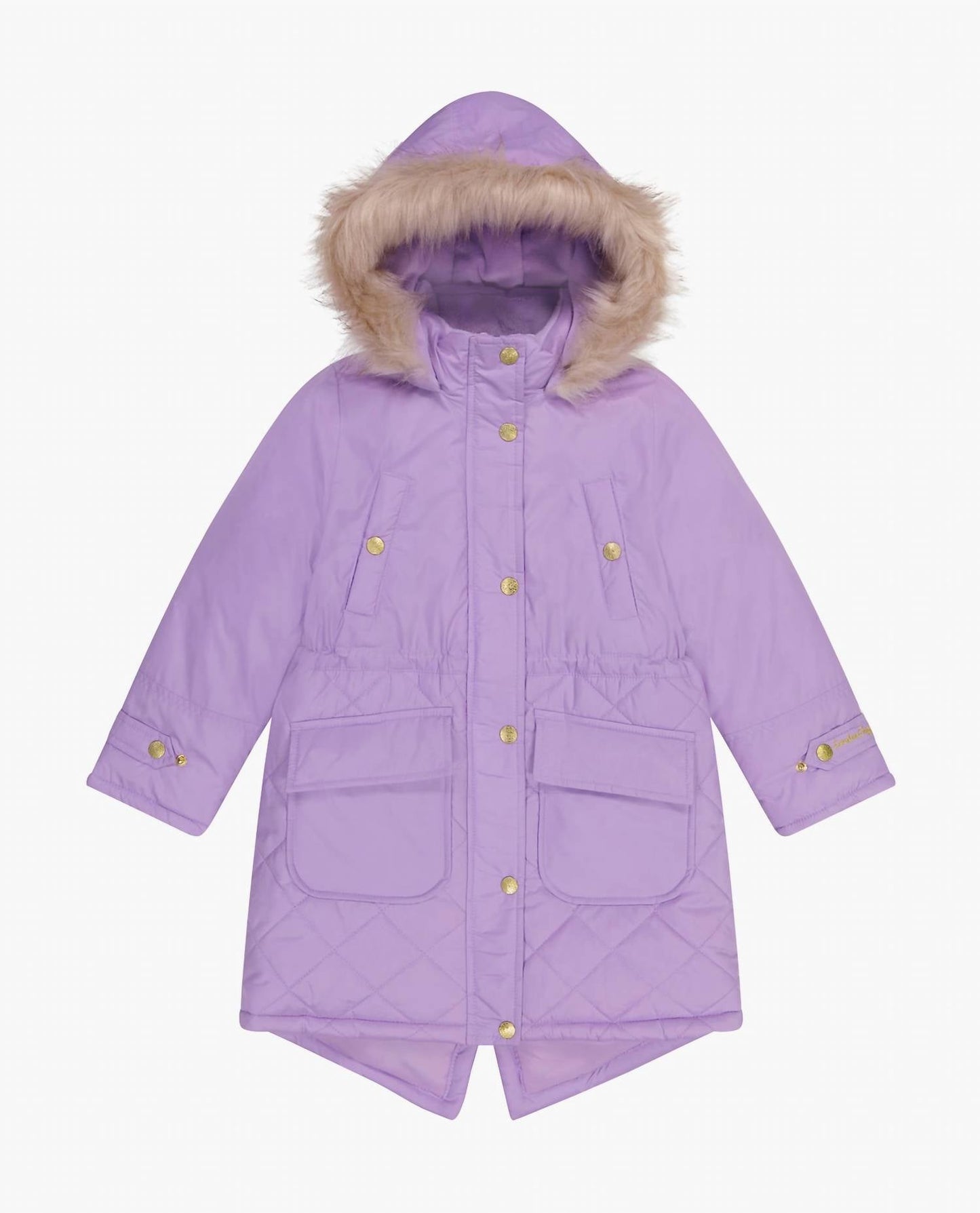 London Fog - Girls Zip-front Mid Cinch Quilted Parka With Fur Trimmed Hood