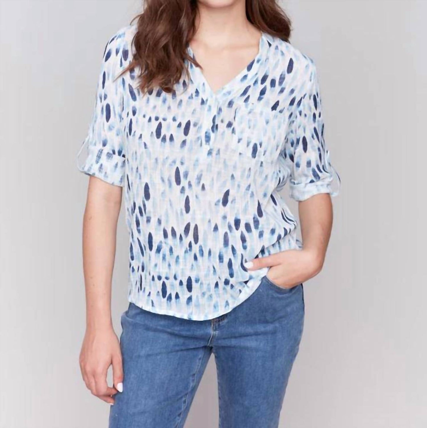 Charlie B - Printed Cotton Gauze Half-button Blouse
