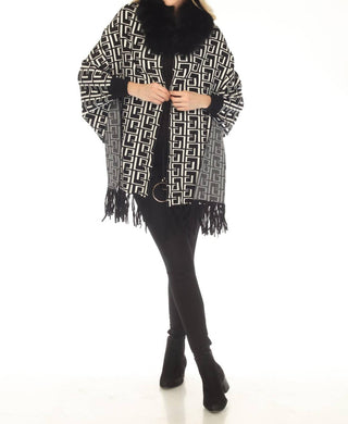 Oolala - Meander Pattern Real Fur Collar Fringe Cape