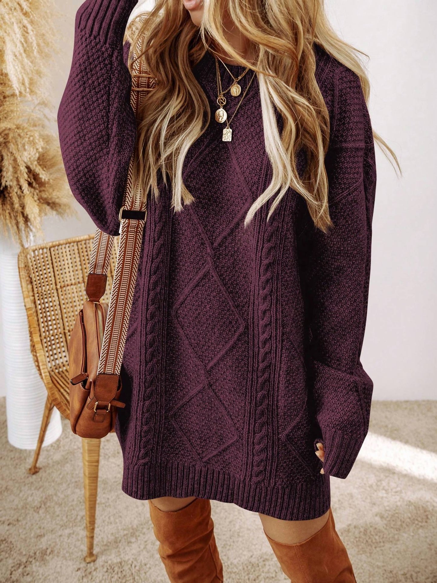 1 The Woman - Cable Knit Drop Shoulder Loose Fit Sweater Dress