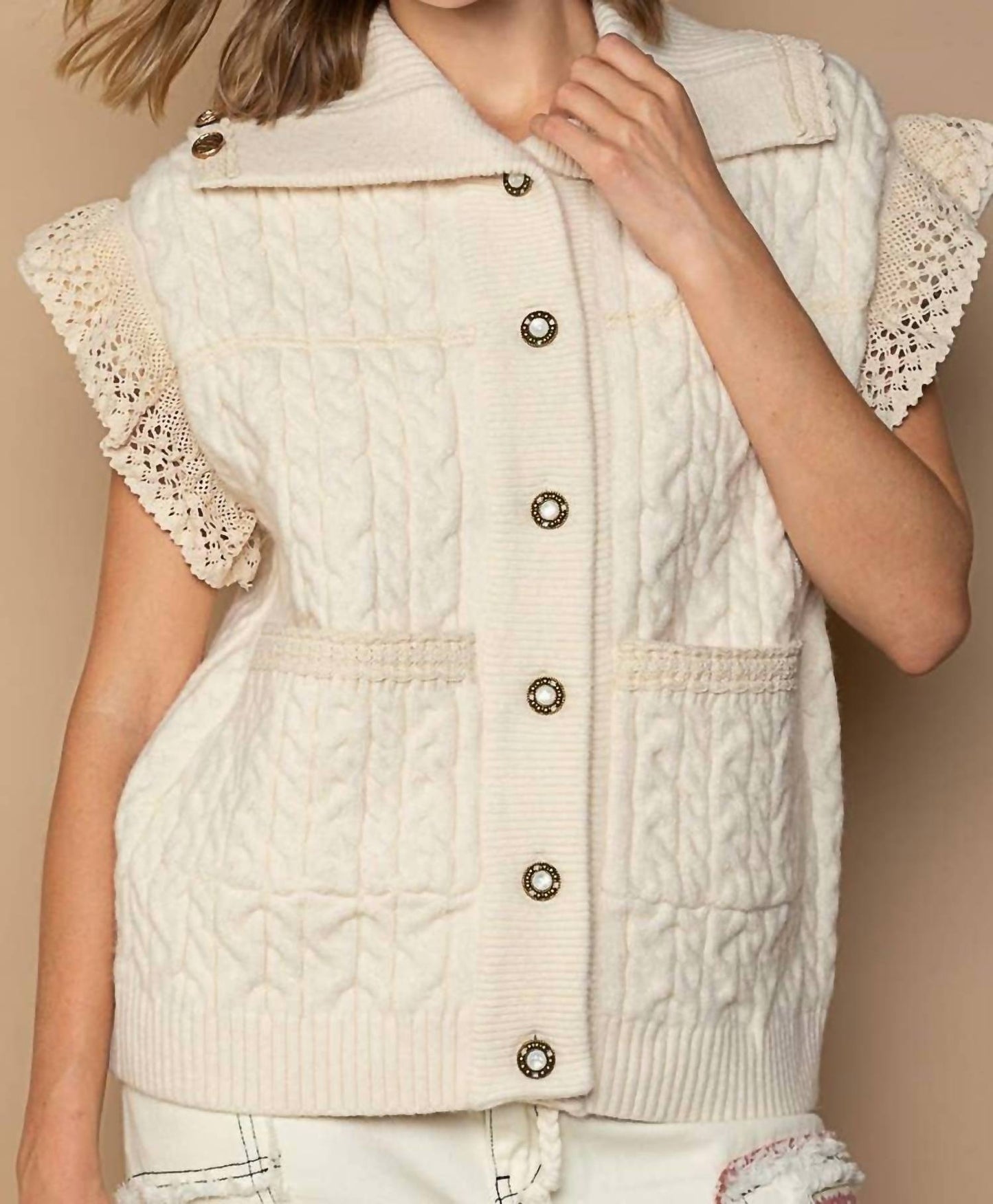 Pol - Crochet Button Down Lace Trim Sweater Vest