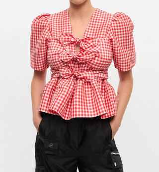 Ganni - Women's Crinkled Taffeta Check Tie Strap Blouse