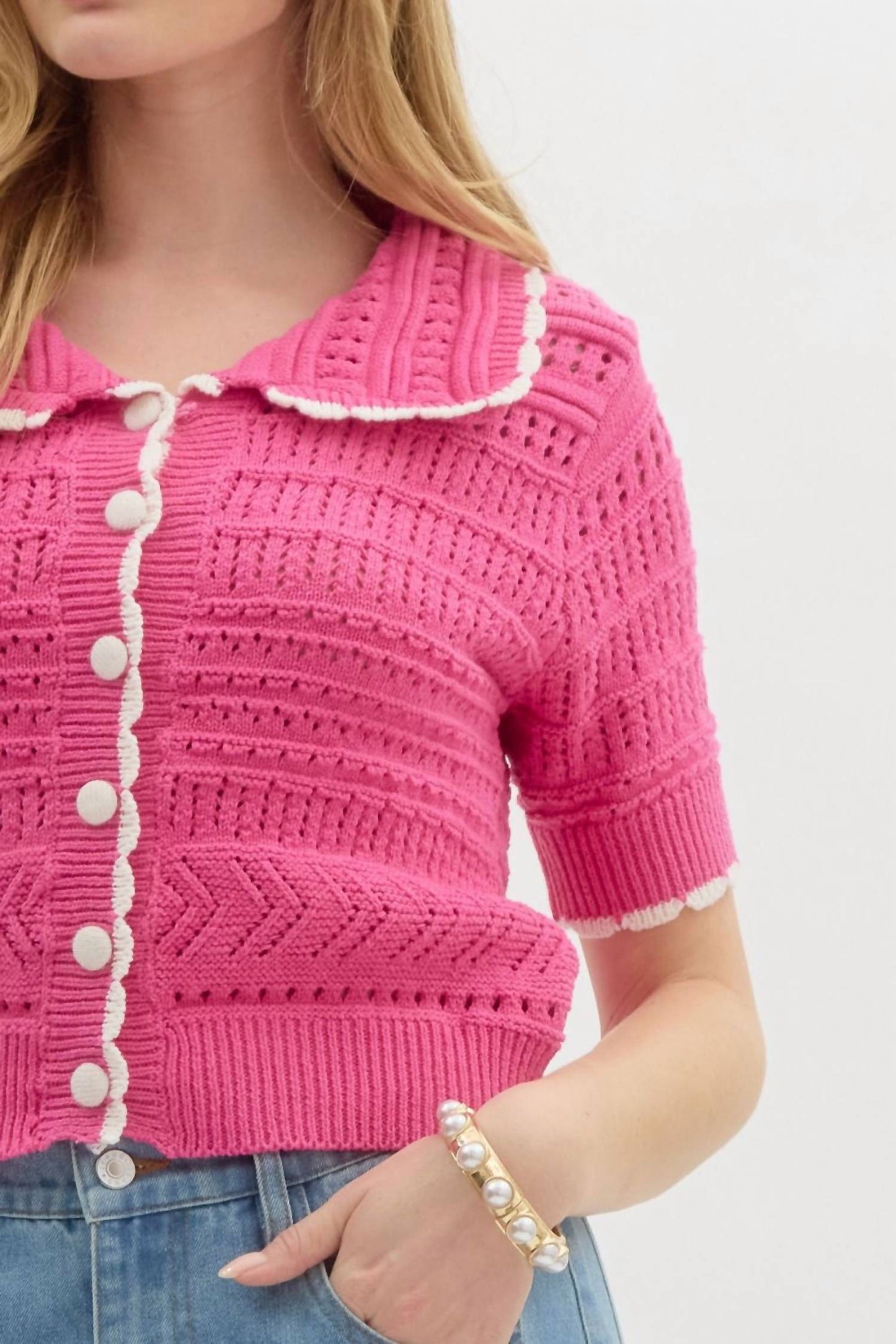 Entro - Solid Pointelle Sweater Knit Top