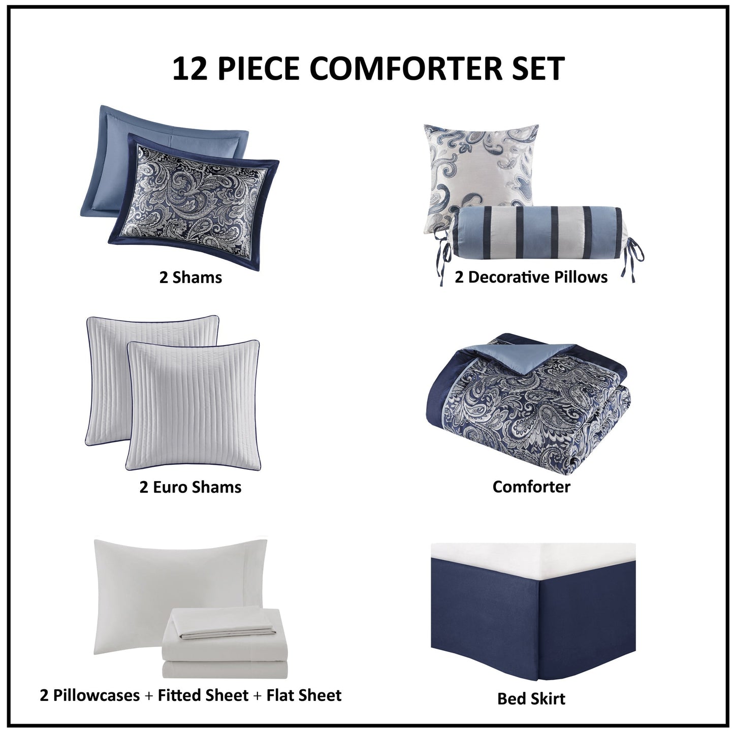 12 Piece Comforter Set with Cotton Bed Sheets Navy Cal King