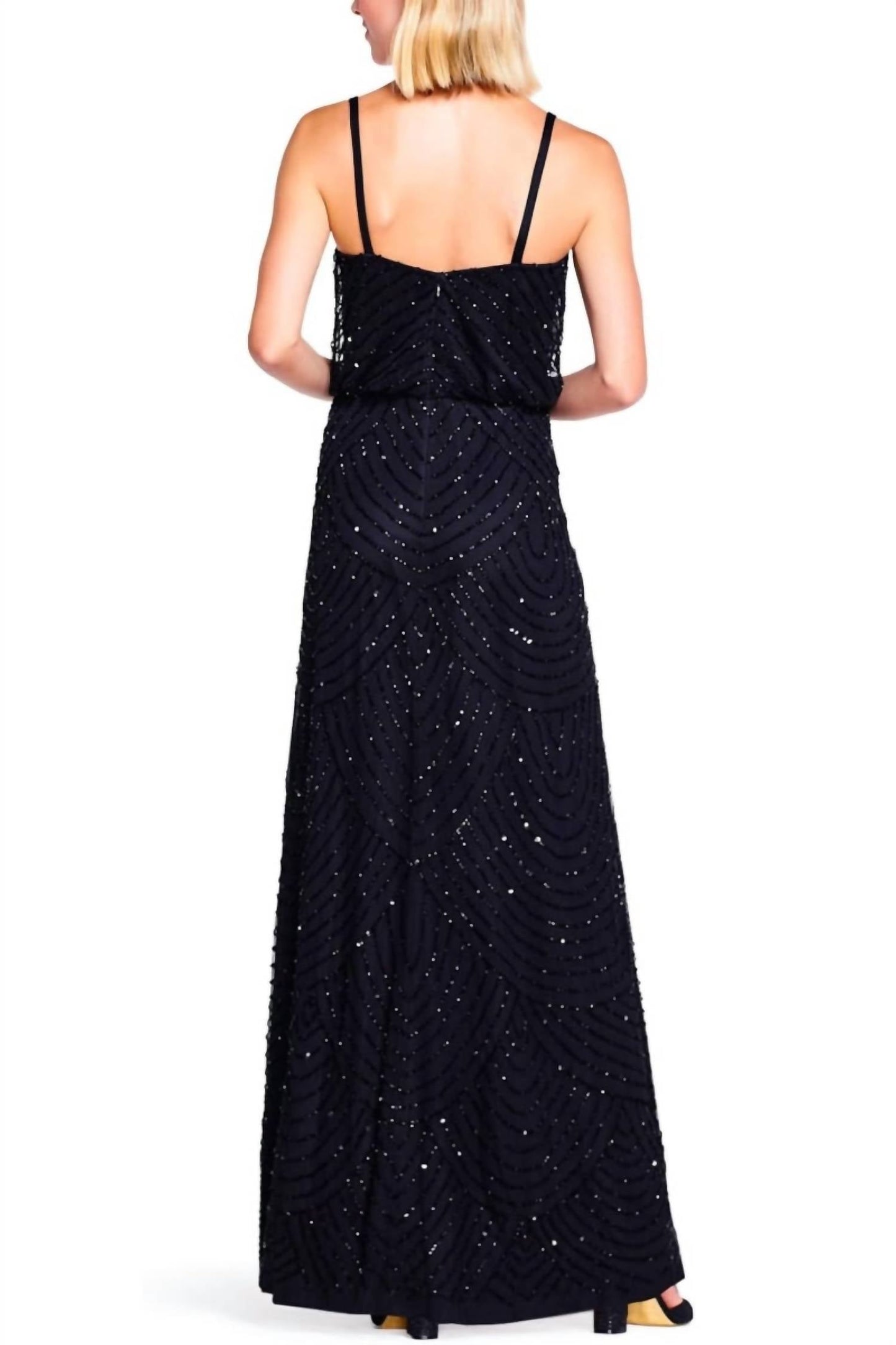 Adrianna Papell - V-neck Embellished Mesh Dress