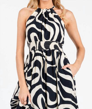 Calista - Navy Print Smocked Waist Halter Neck Back Tie Maxi Dress