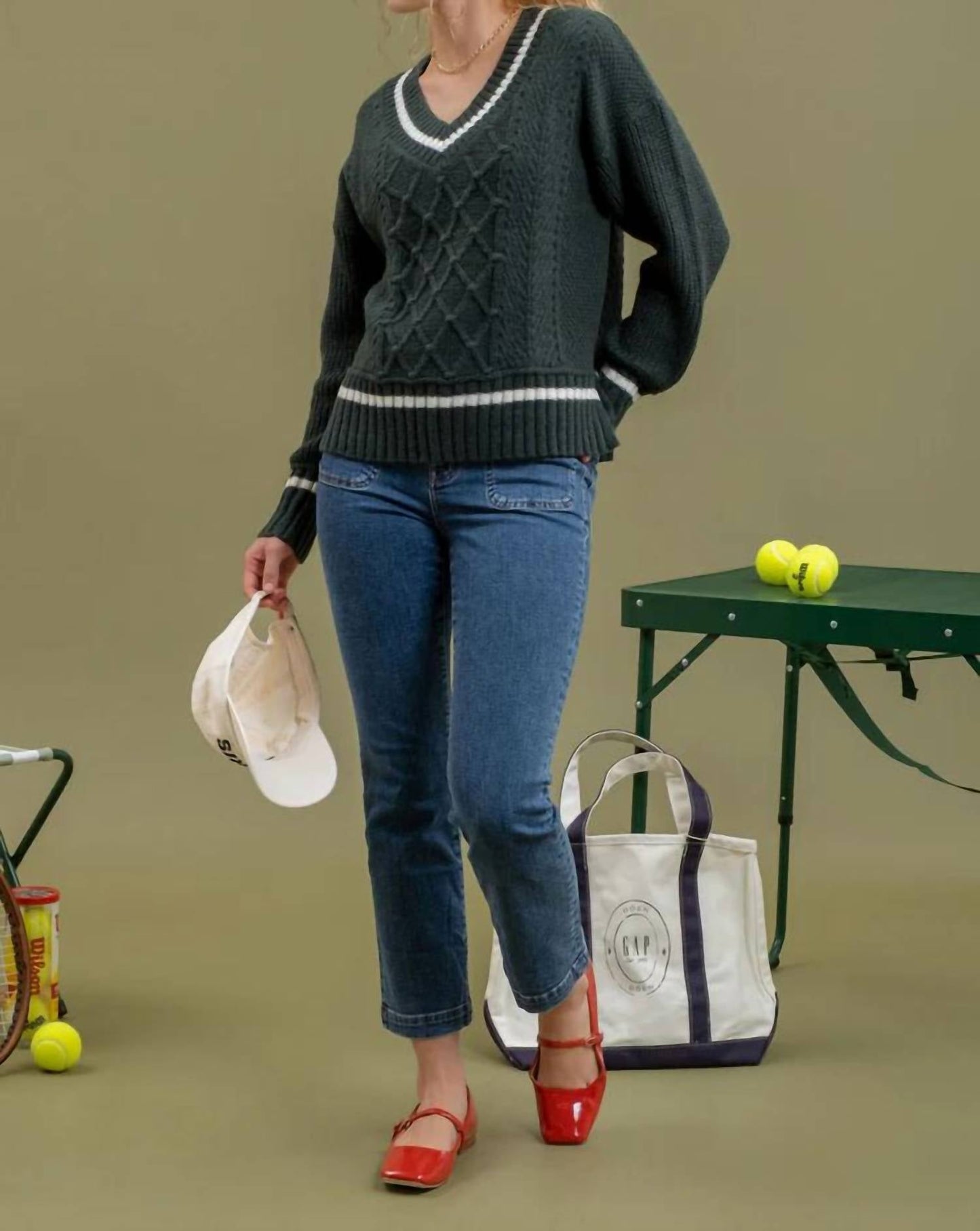Blu Pepper - V-Neck Cable Knit Sweater w/Contrast Detail
