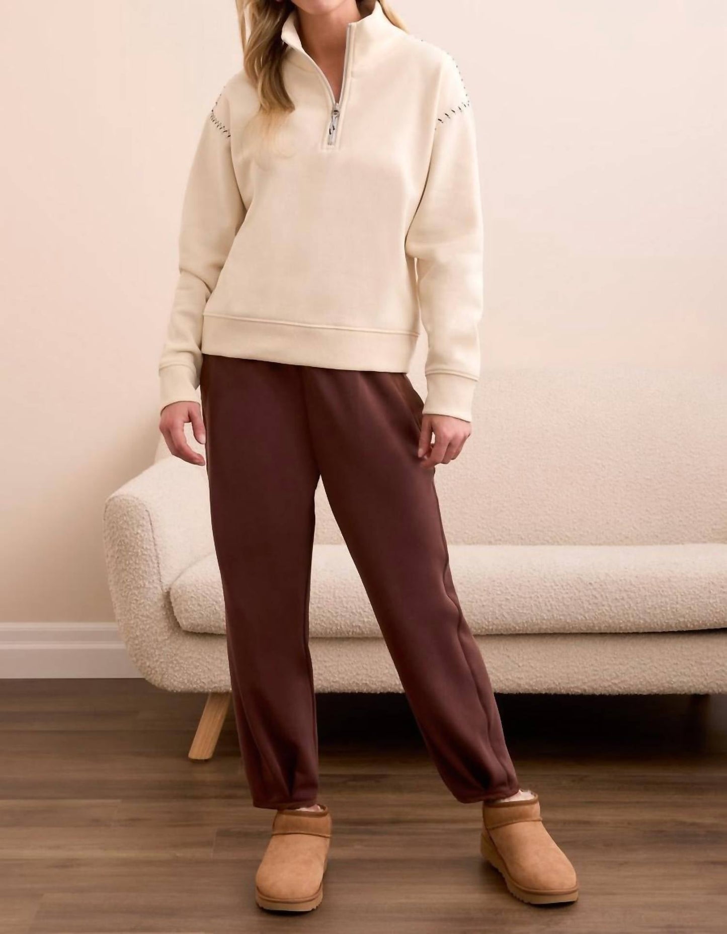 Tribal - French Terry Stitch-accent Zip Funnel Neck Sweater