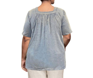 On The Plus Side - Chambray Short Sleeve Pop Over Top - Plus