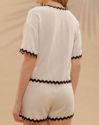 Blu Pepper - Contrast Wavy Trim Front Tie Top & Linen Short Set