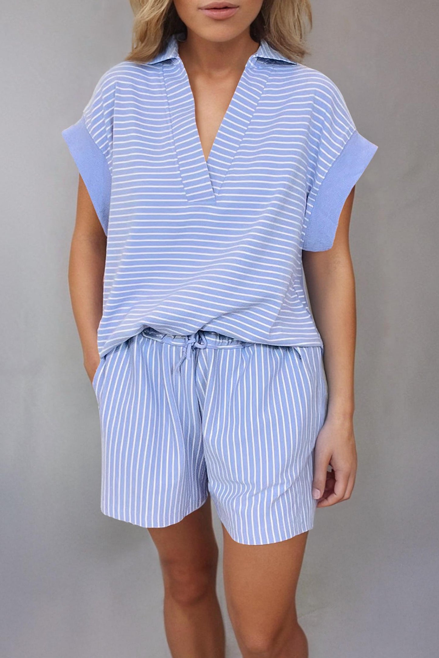 La Society - Stripe Dolman Sleeve Polo Shirt And Drawstring Shorts Set