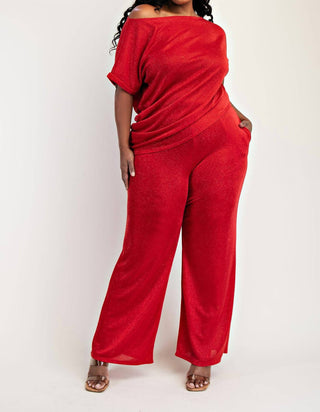The Curve La - Plus Size Glitter Knit Short Sleeve Top And Wide Leg Pants Set