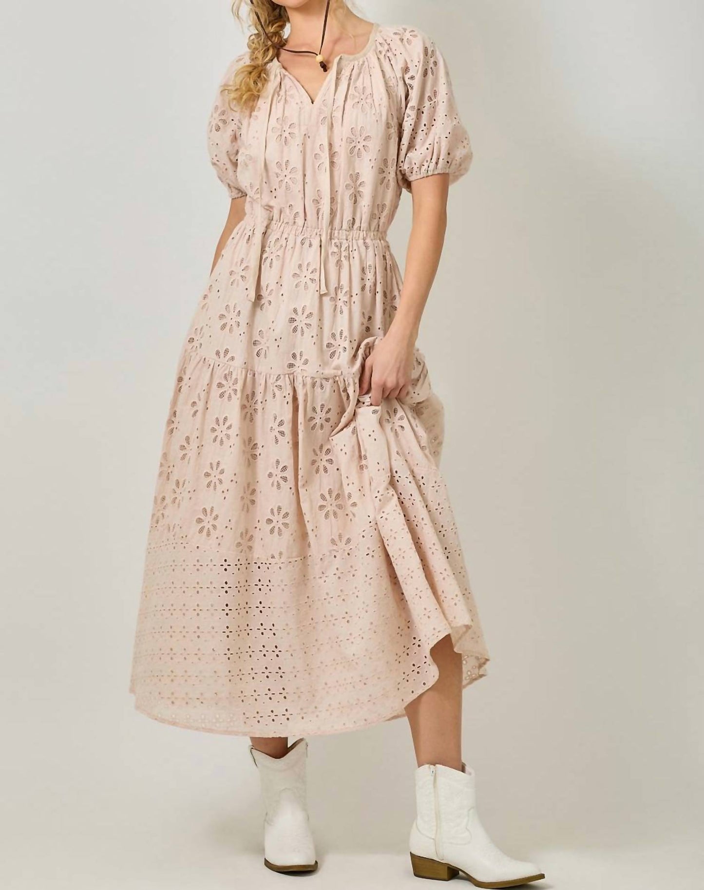 Mystree - Puff Sleeve Tiered Eyelet Dress