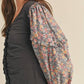 &Merci - Floral Puff Sleeve Ruched Top - Graphite Grey
