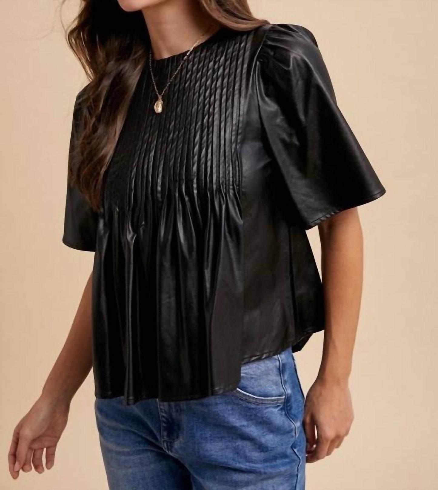 Anniewear - Leather PinTuck Detail Blouse