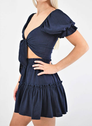 Blue Blush - Take It Away Front Tie Crop and Flounce Skirt Set