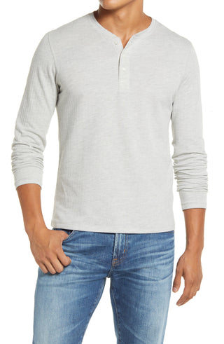 Billy Reid Herringbone Terry Long Sleeve Henley T-Shirt - Light Grey