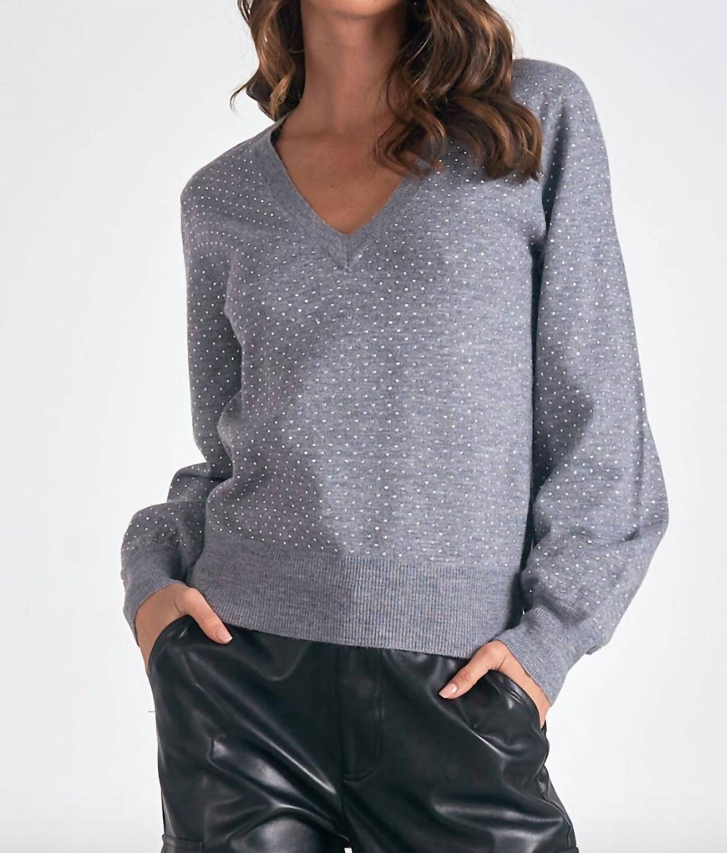 Elan - V-neck Rinestone Sweater Top