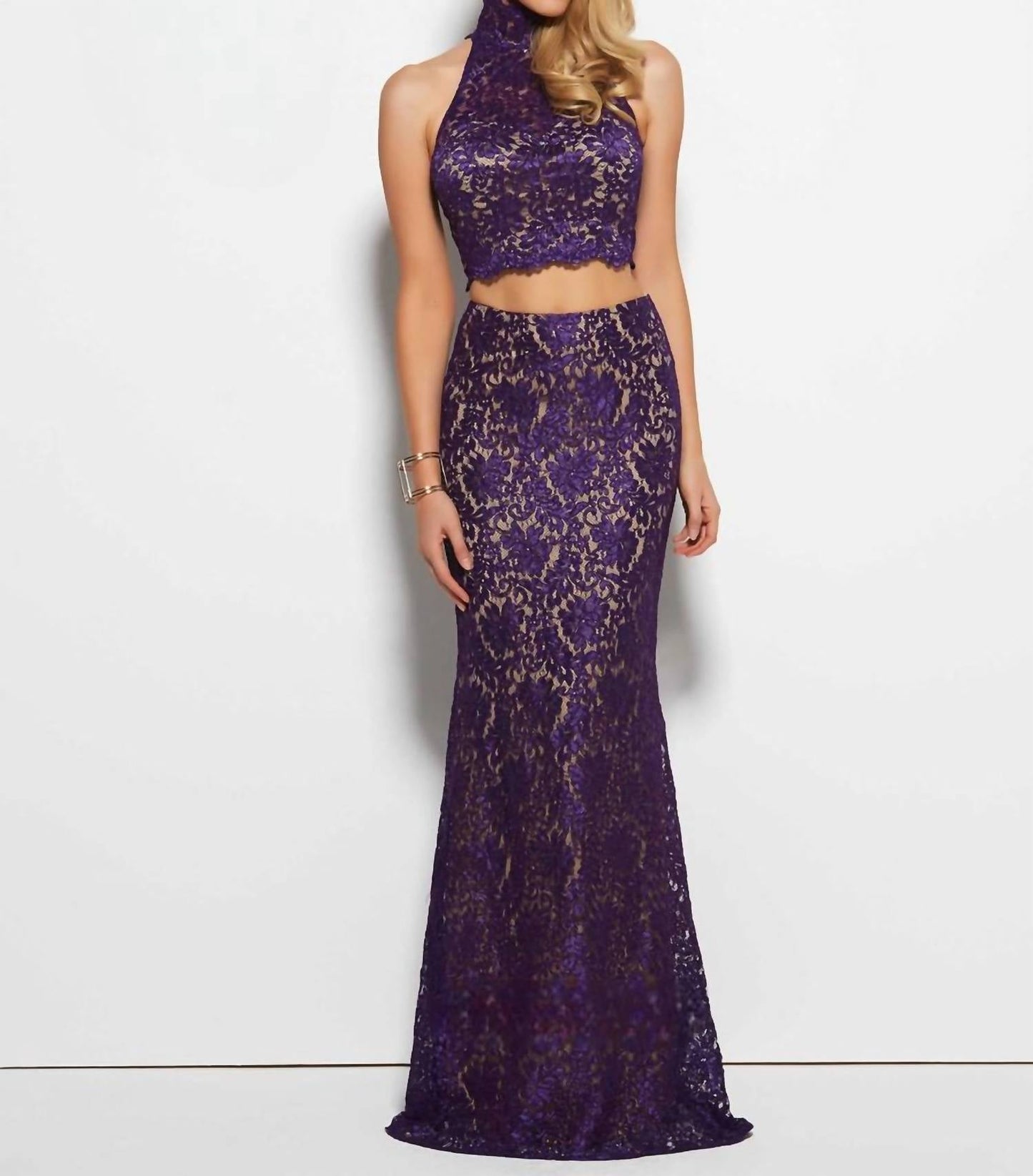 Mac Duggal - Lace Two-Piece Halter Neck Gown