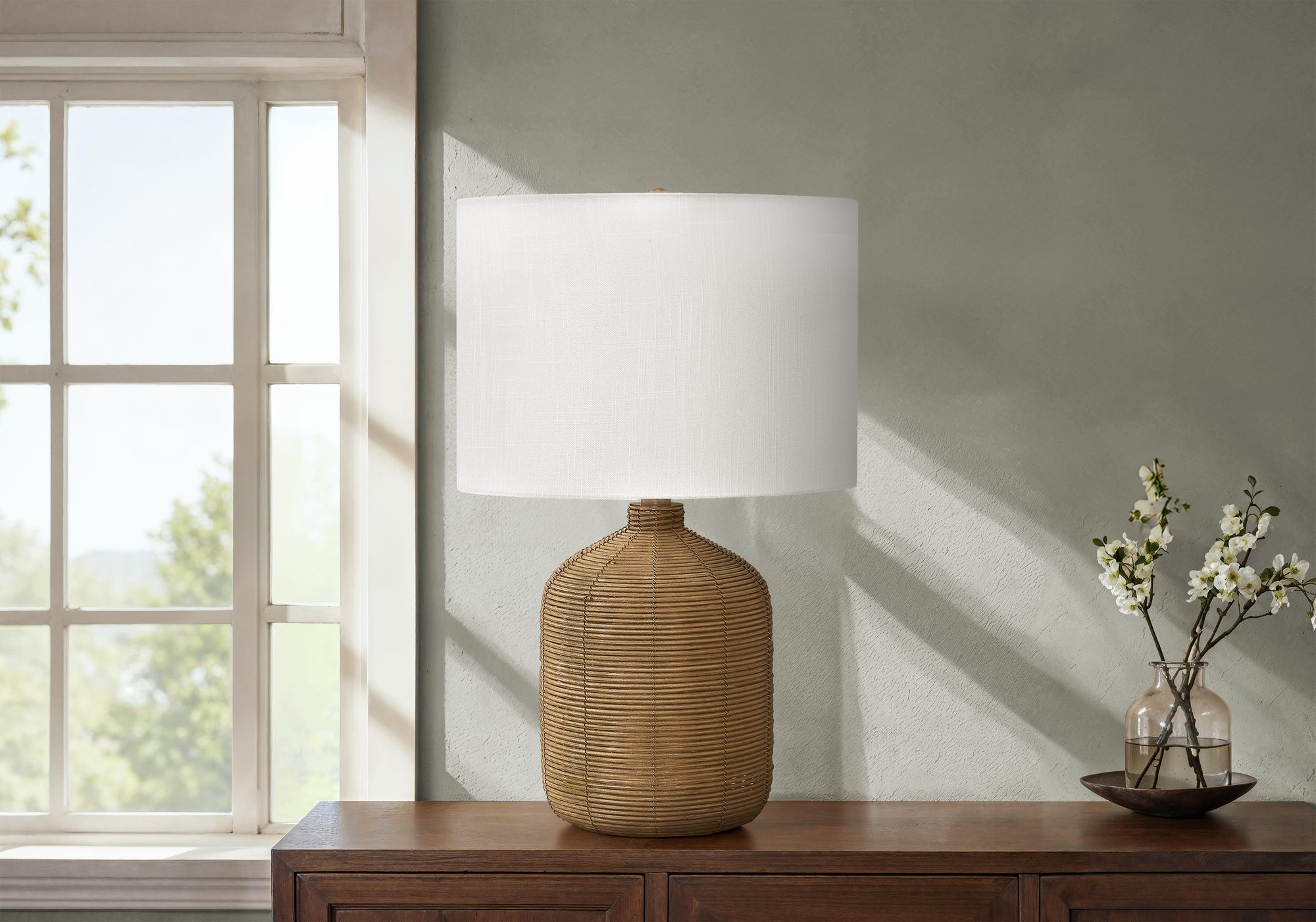 23'' Brown Rattan Table Lamp with Beige Shade
