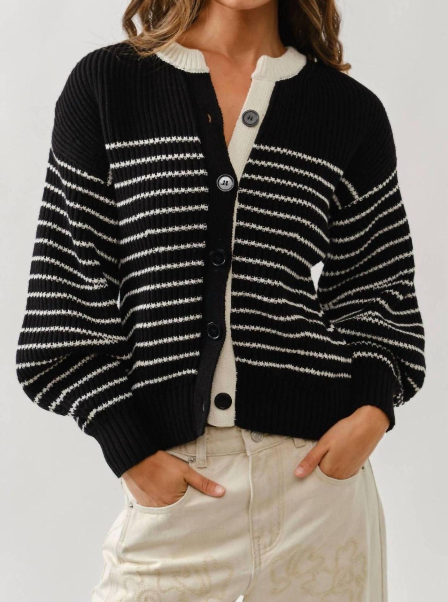 Aaron & Amber - Stripe Balloon Sleeve Cardigan