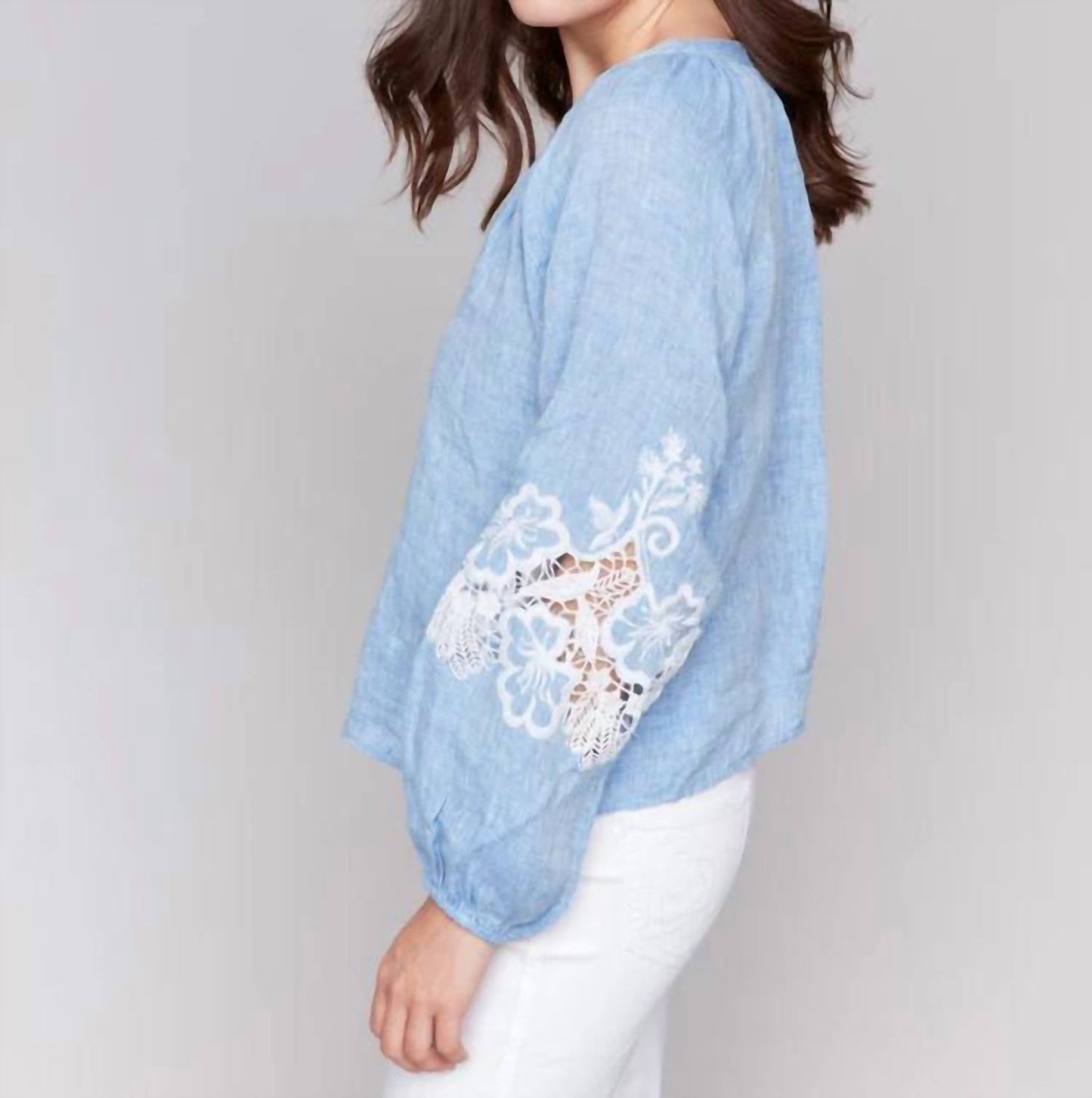 Charlie B - Cotton-linen Button-front Blouse With Embroidery