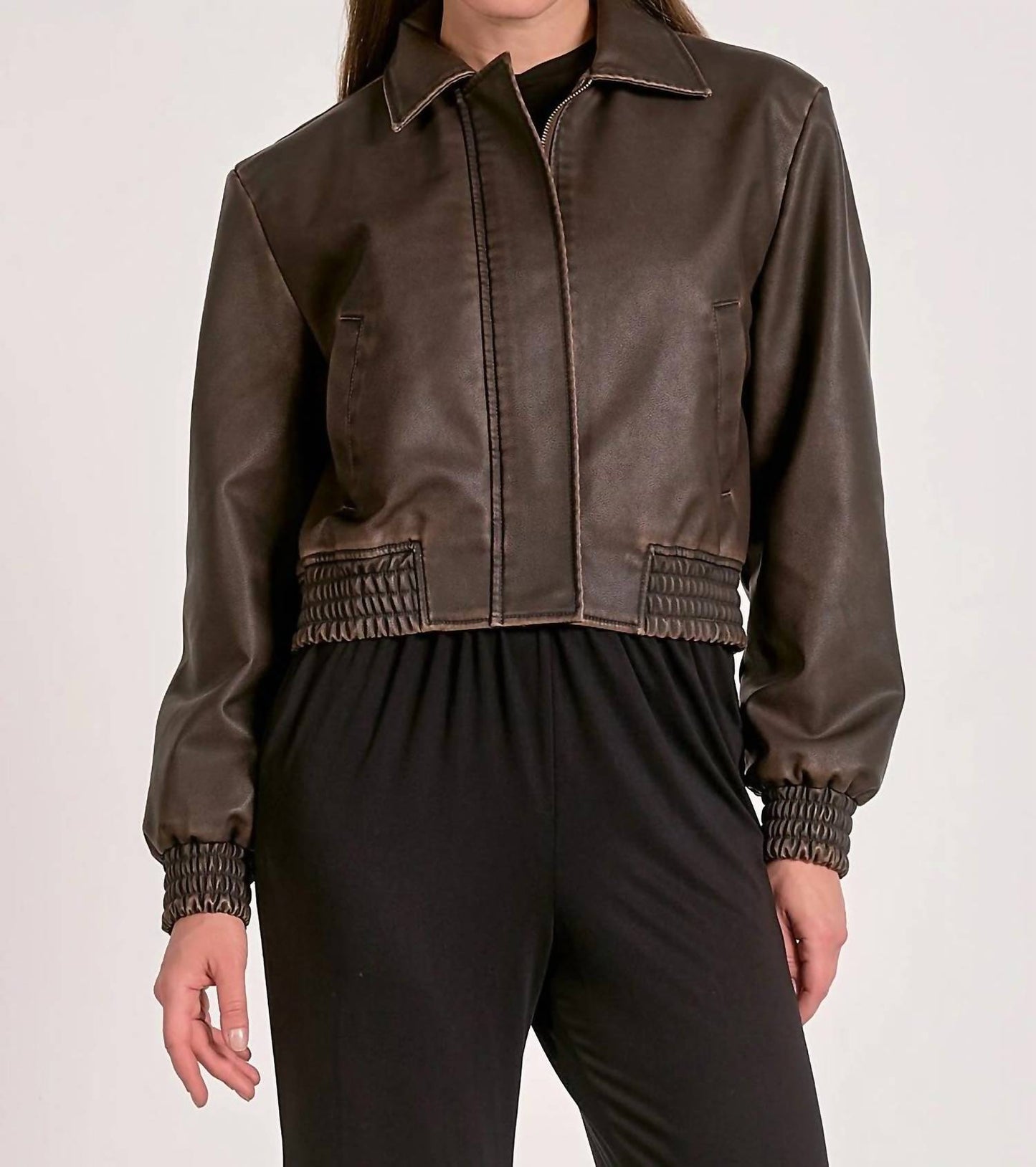 Elan - Faux Leather Bomber Jacket