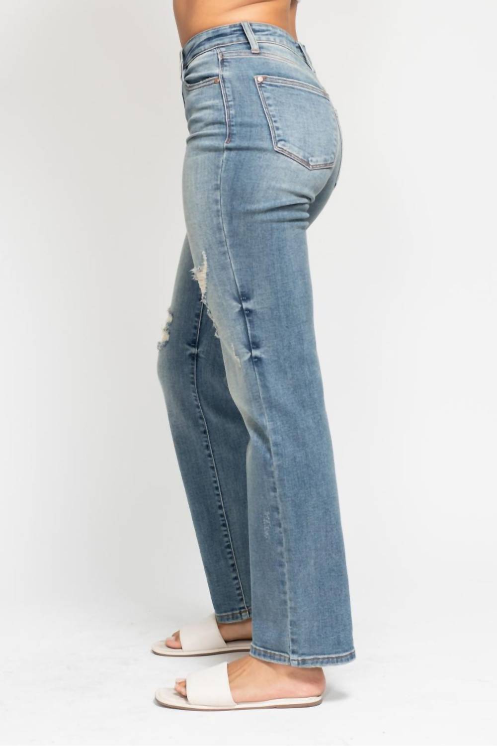 Judy Blue - High Waist Dad Straight With Harsh Tint & Destroyed