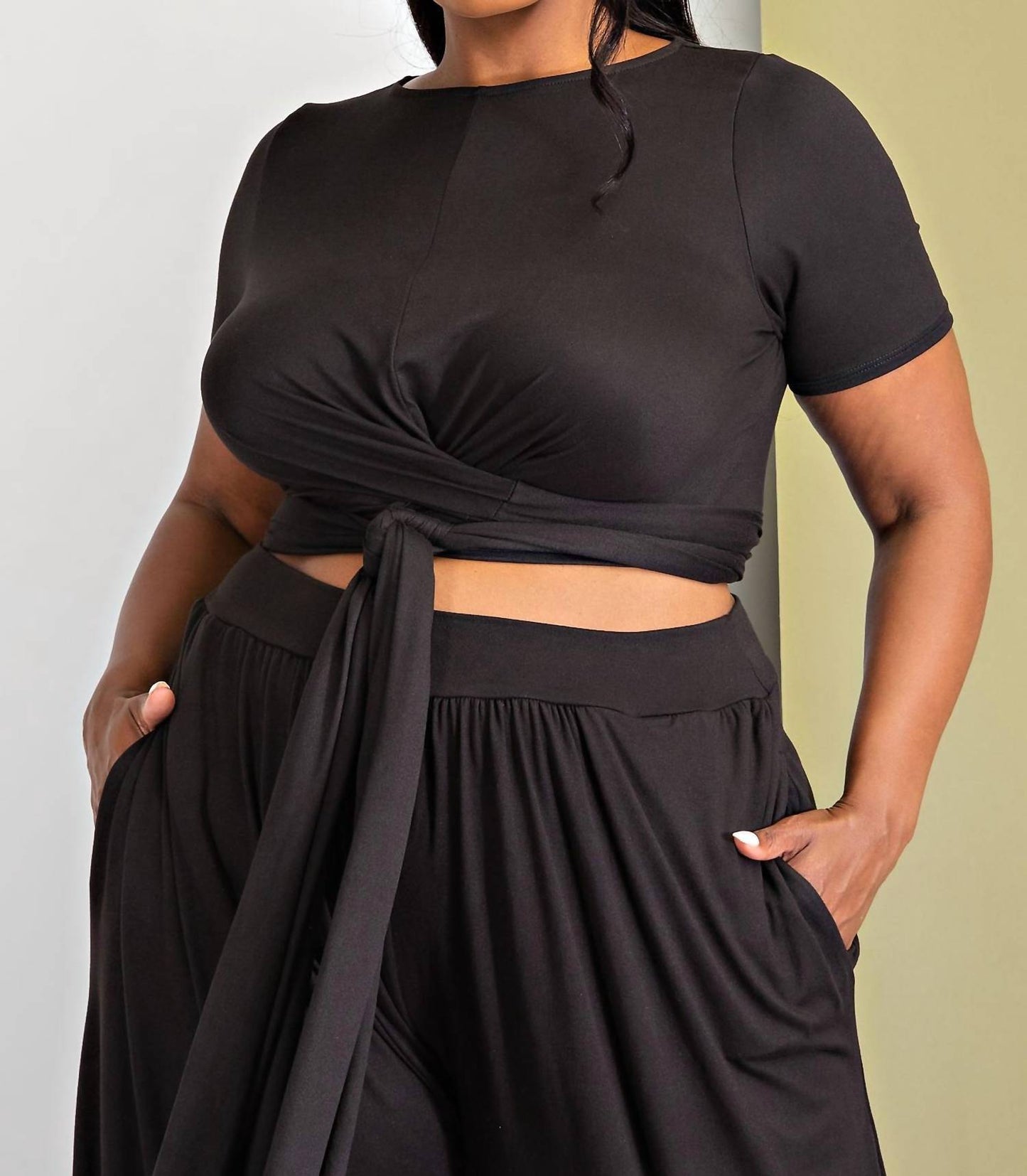 The Curve La - Plus Size Wrap Around Short Sleeve Top And Pants Set