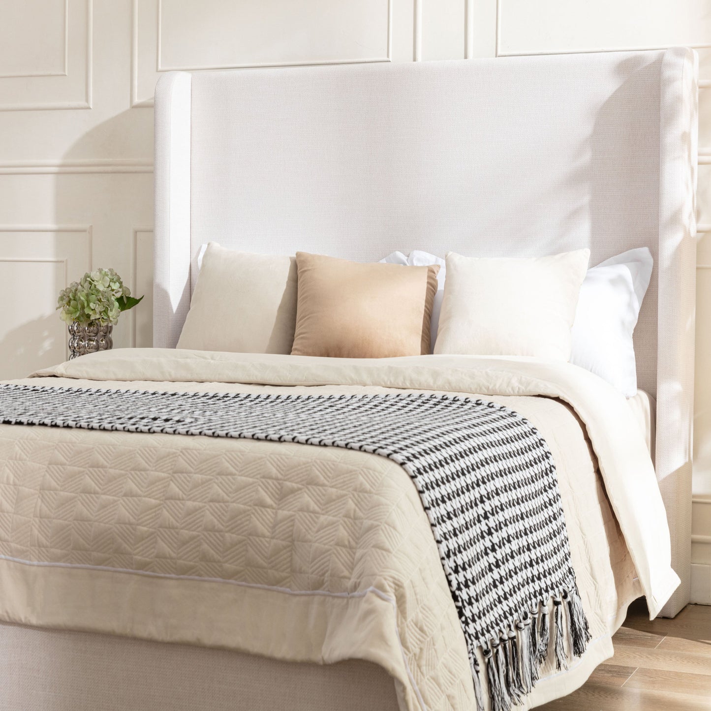 Harper Tall Headboard Upholstered Bed in Textured Ivory Canvas