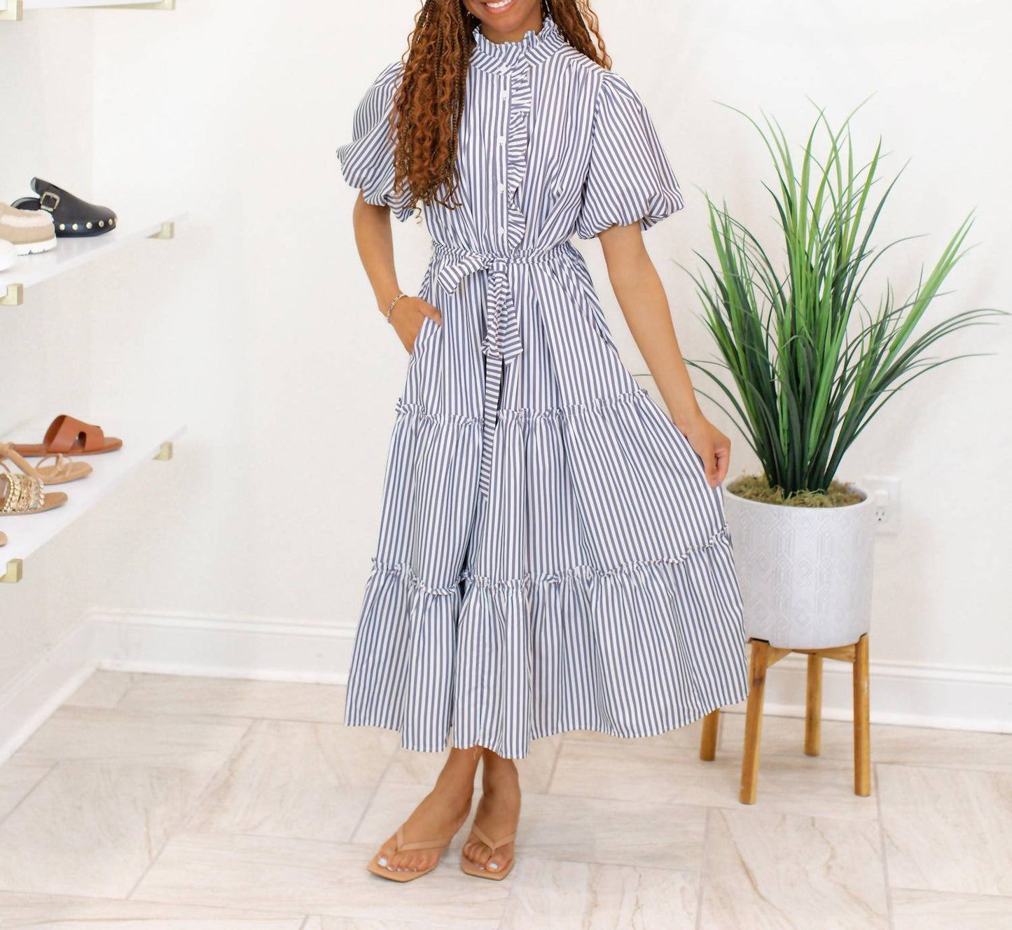 &Merci - Striped Ruffled Button Down Midi Dress