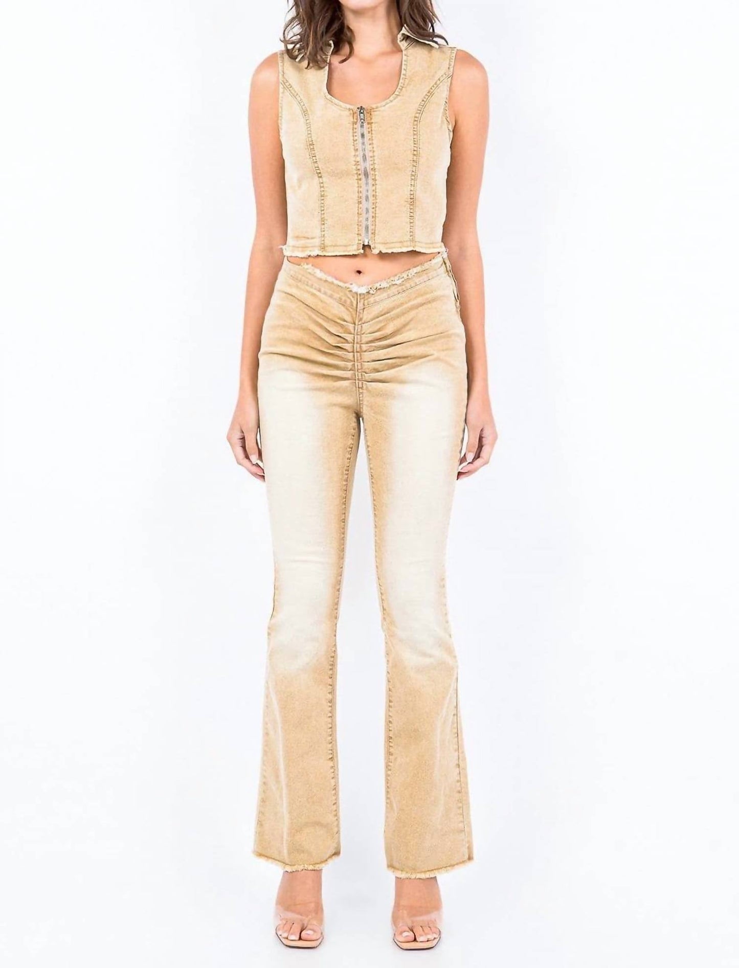 American Bazi - V-cut Ruched Mid Flare Pants