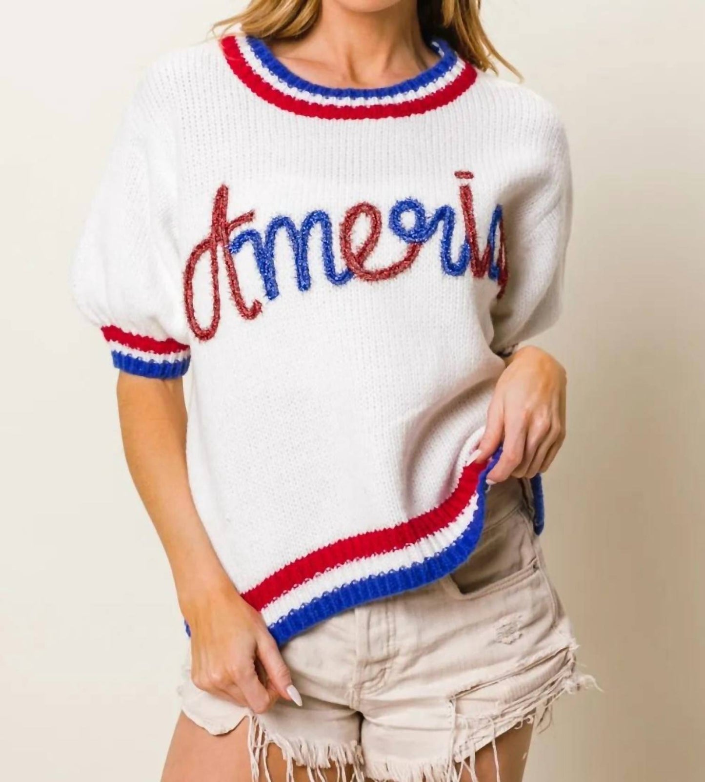 Trendsi - BiBi Metallic America Letter Short Sleeve Sweater