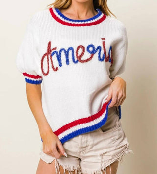 Trendsi - BiBi Metallic America Letter Short Sleeve Sweater