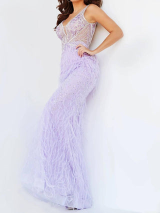 Jovani - Sheer Embellished Bodice Feather Dress