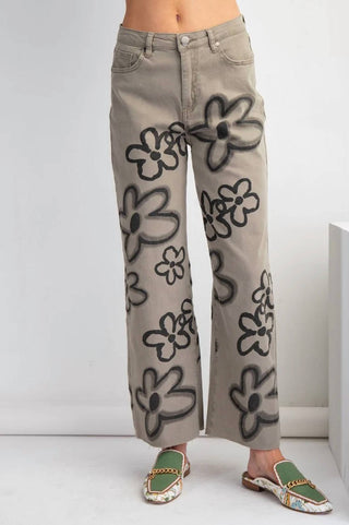 Easel - Flower Print Washed Wide Pants