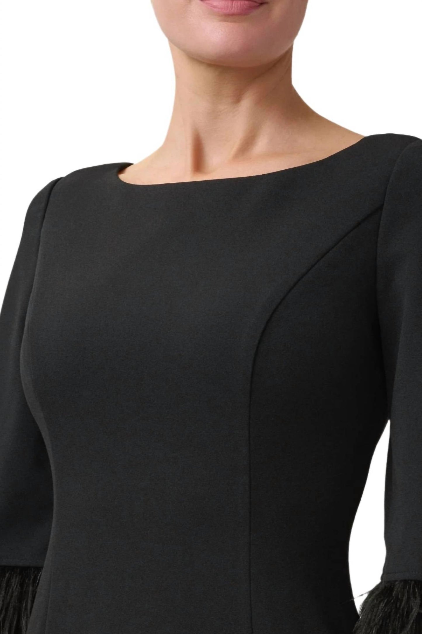 Adrianna Papell - Boat Neck 3/4 Sleeve Feather Trim Embellishment Midi Dress