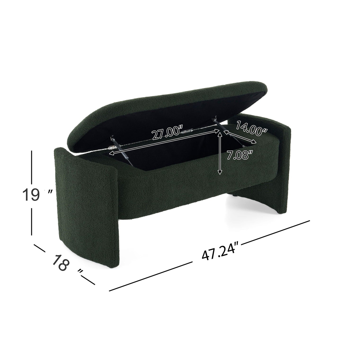 Elegant Long Shaped Storage Ottoman Bench, Boucle Material, Dark Green