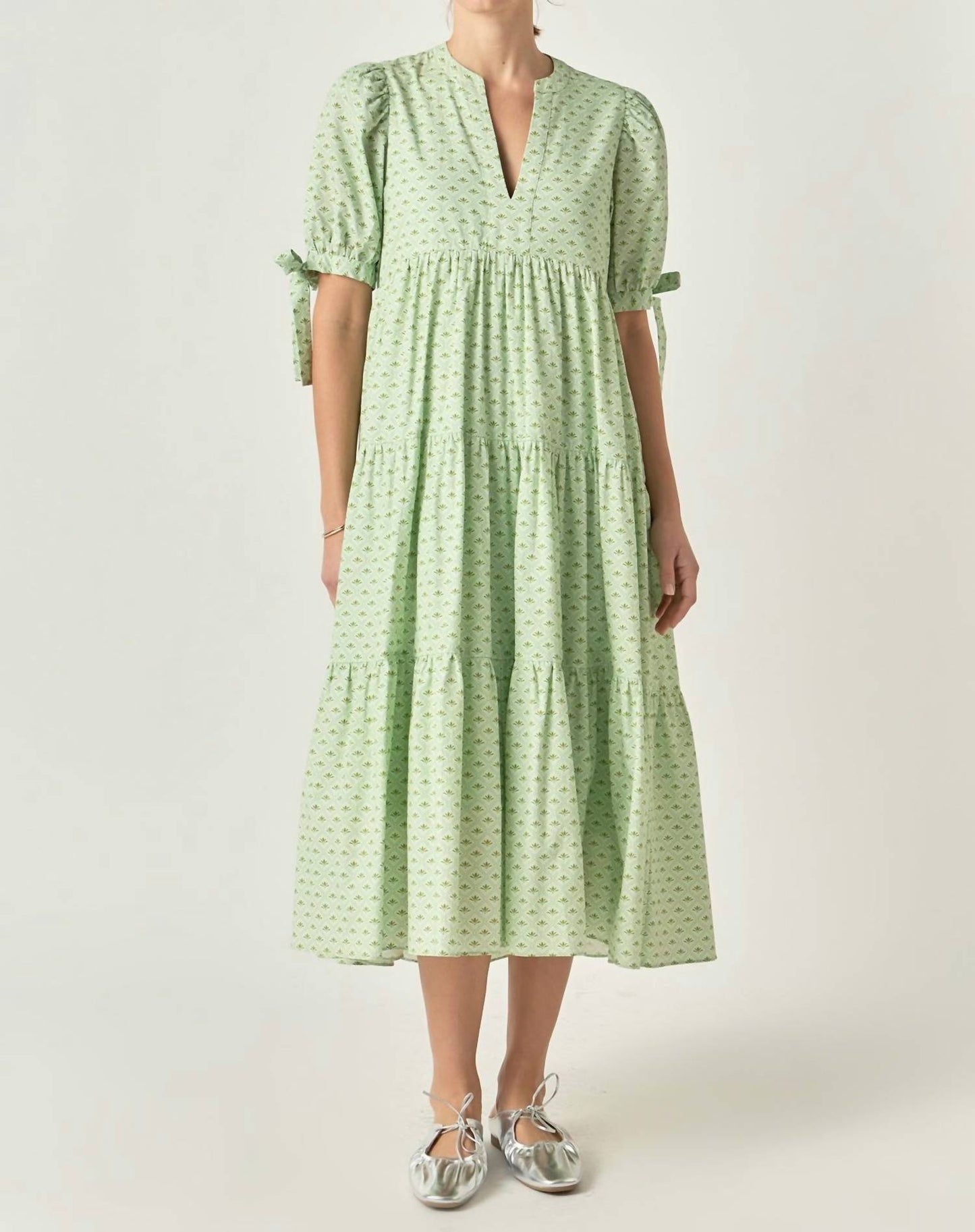 English Factory - Printed V Neck Tiered Midi Dress