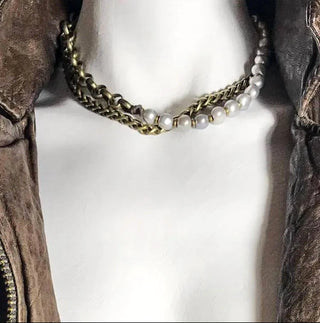 Embrazio - Bronze and Baroque Pearl Opera Necklace or Double-Wrap Choker with Cascading Pearl Tassel