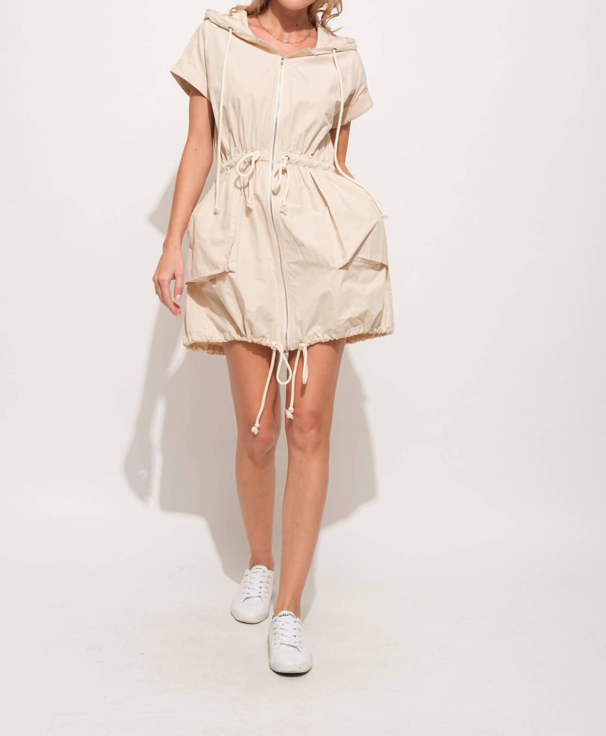 And The Why - Short Sleeve Drawstring Hooded Mini Dress