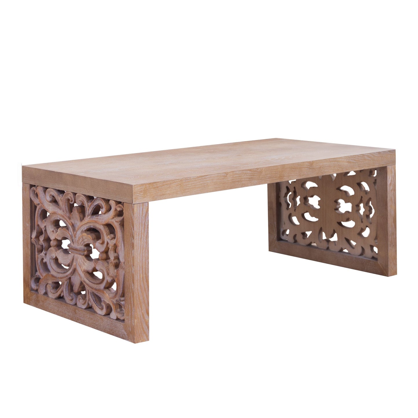 47.2 Rustic Carved Wood Coffee Table – Handcrafted Look with Ornate Side Panels