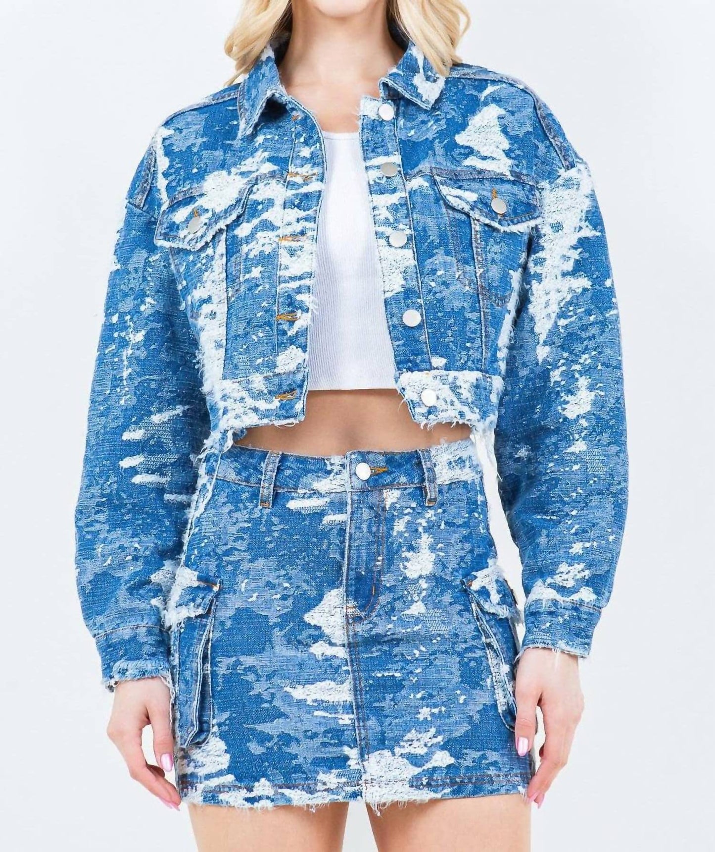 American Bazi - Jacquard Trim Cropped Denim Jacket