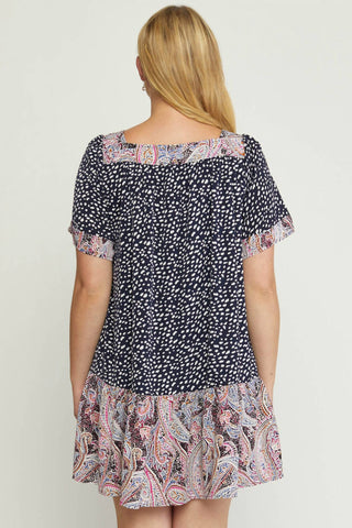 Entro - Mixed Print Square Neck Dress - Plus