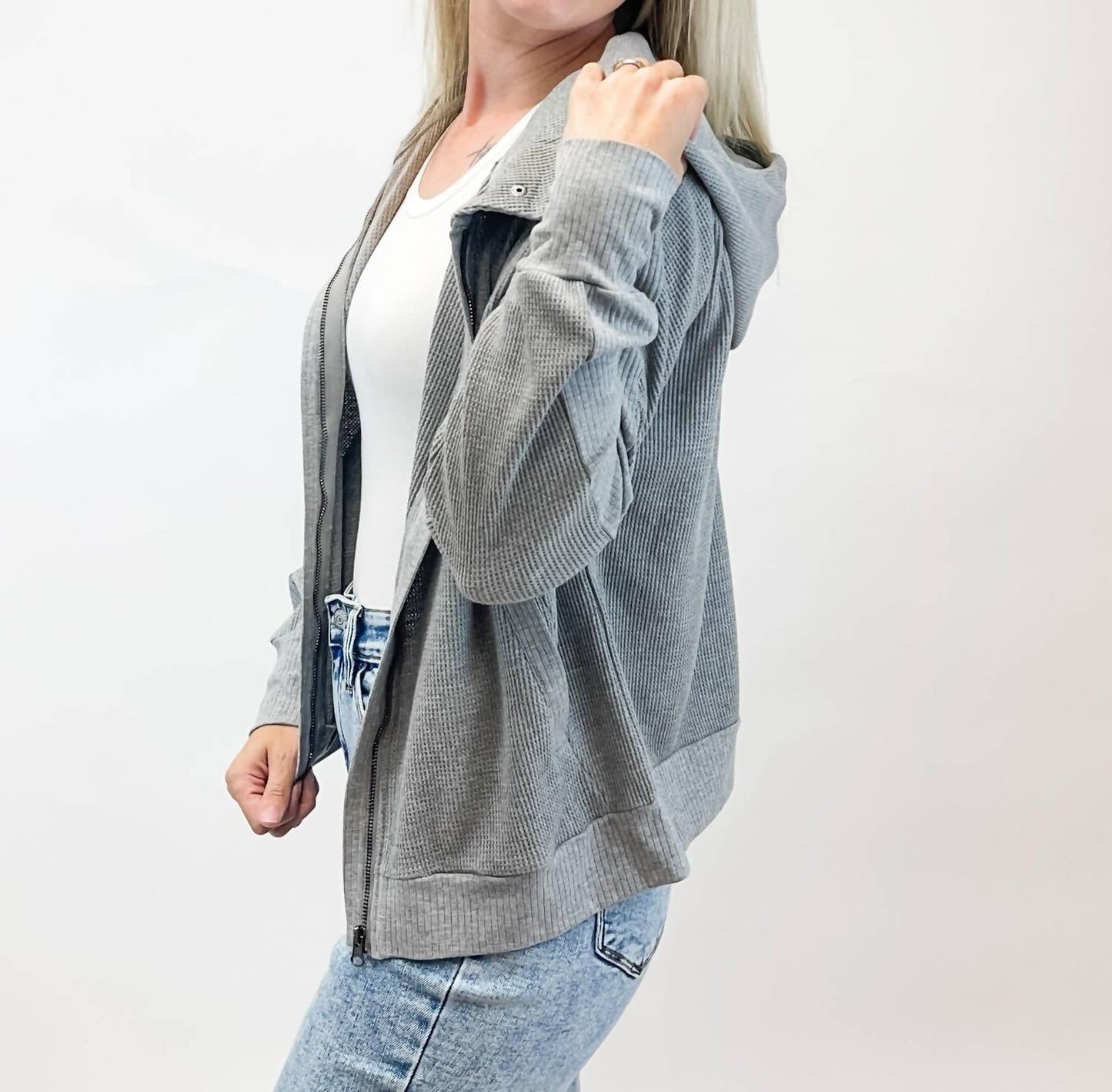 1 The Woman - Waffle Splicing Zip Up Front Button Hooded Jacket