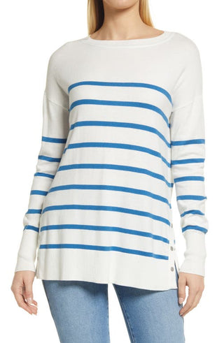 Caslon Lightweight Side Vent Tunic Sweater - Ivory Blue Stripe